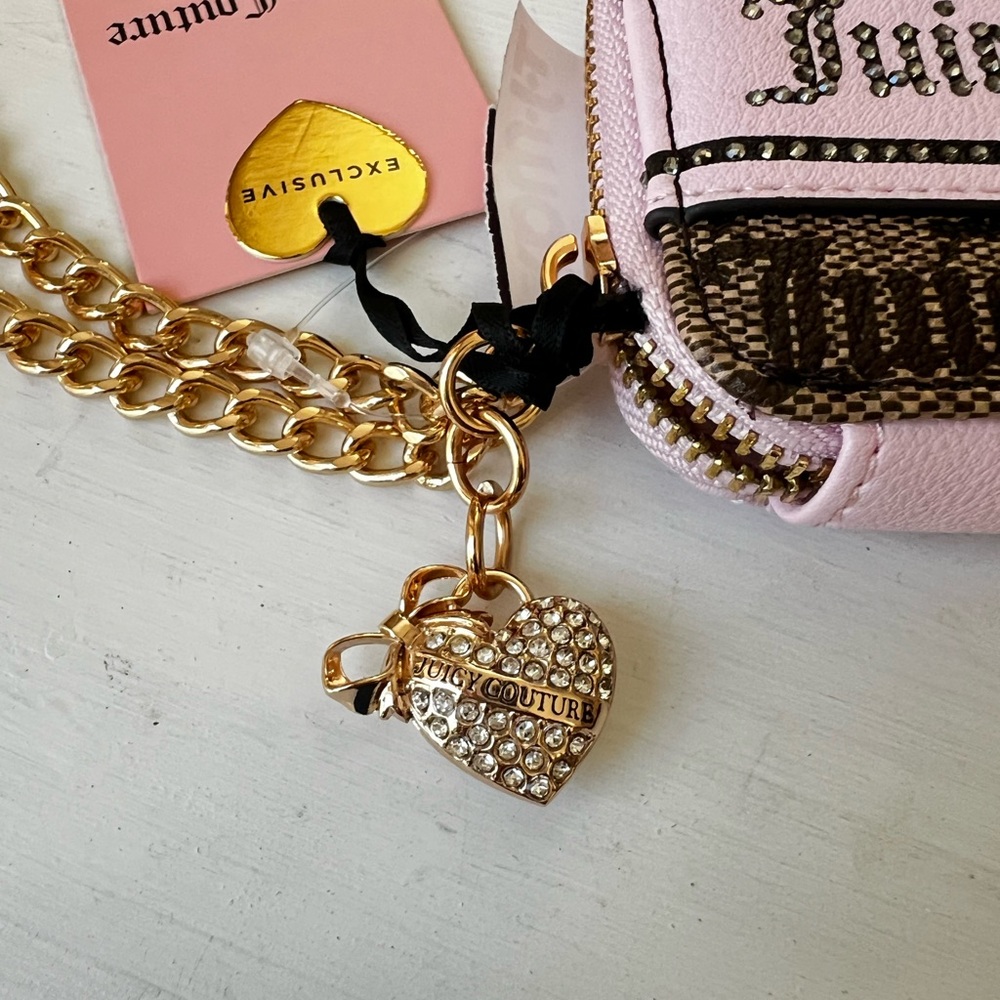 Luxe Juicy Couture Square Zip-Around Wallet Pink Taupe Brown Ribbon Heart Charm - Picture 6 of 10